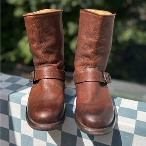 Frye short leather boot with moto buckles.